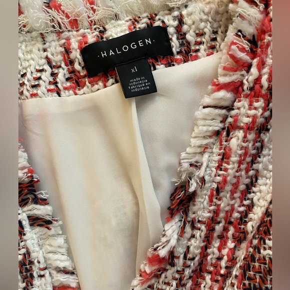 Halogen Open Front Plaid Letta Tweed Jacket/Blazer Ivory Coral SZ XL - Picture 9 of 10